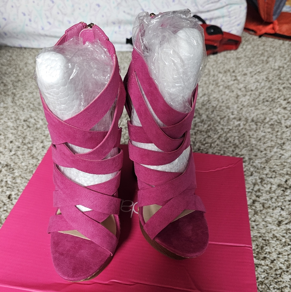 Pink strappy high heel wedges